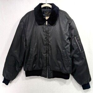 Vintage Flight Jacket Bomber Men 44/XL Black Military Faux Fur Collar Nylon 70s